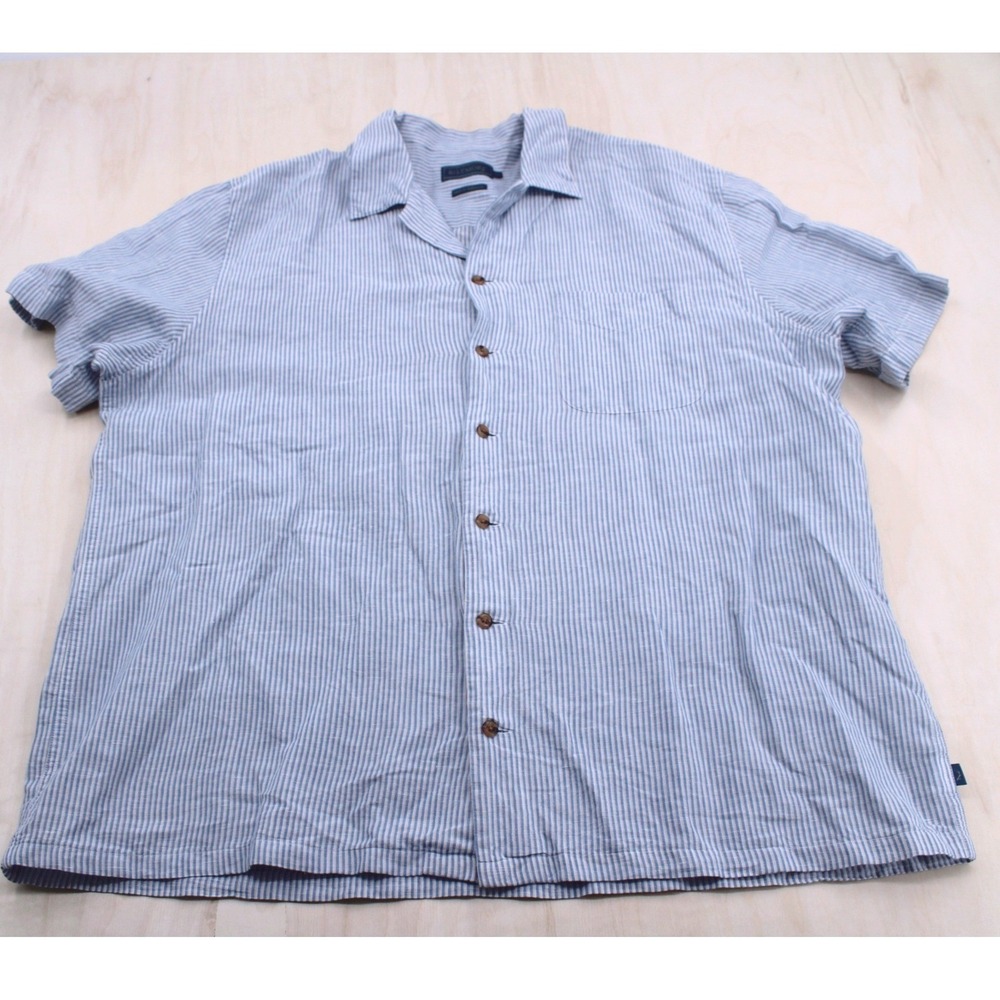 Mens Biltmore Coastal Striped Linen Blend Shirt XL Blue Short Sleeve Button Down
